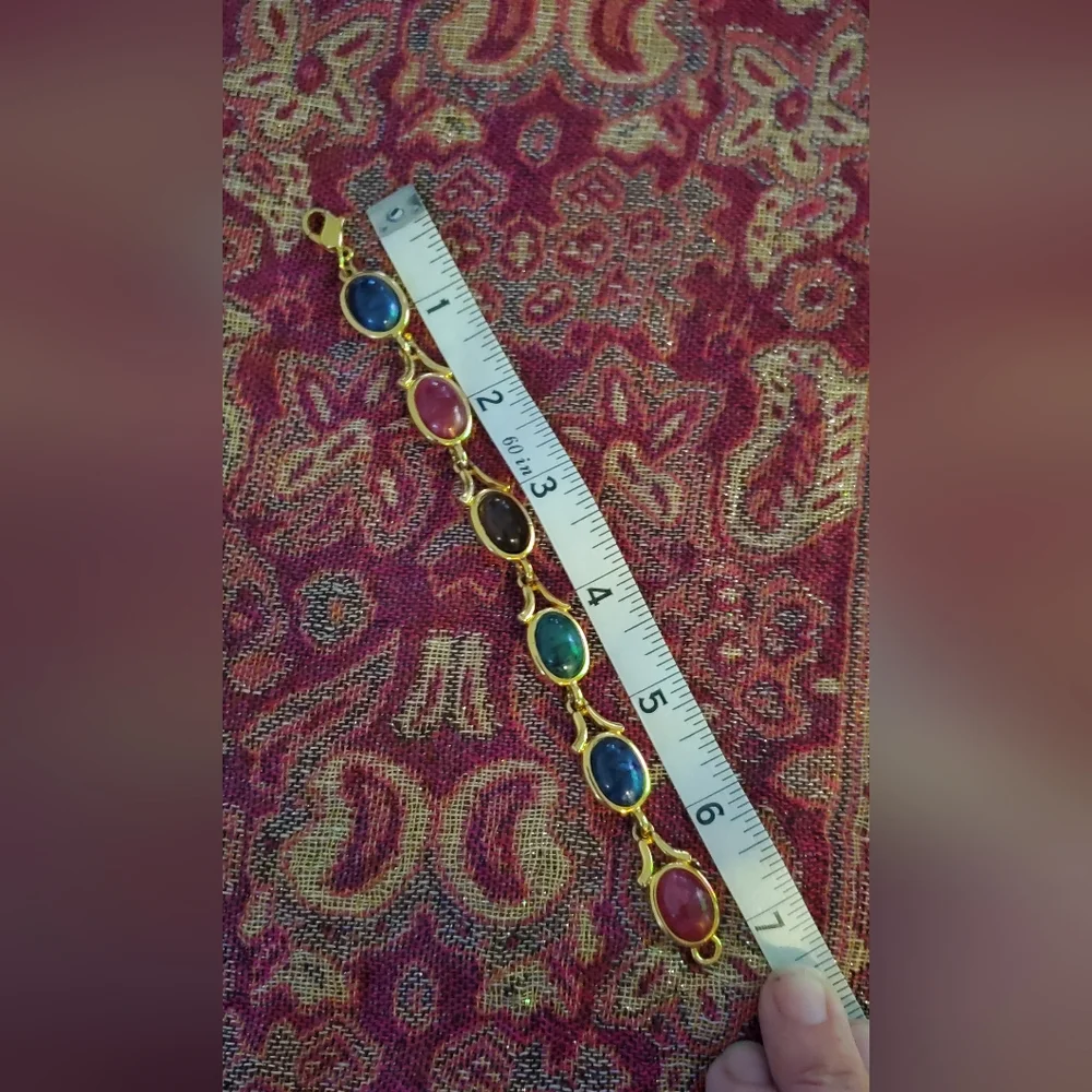 Signed LCi Gold Tone and Multicolor Glass Cabochon Bracelet 7-1/4" Liz Claiborne - Picture 2 of 4